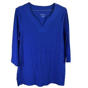 Kim Rogers EC royal blue v neck textured tunic. 3/4 length sleeves. Size 1X